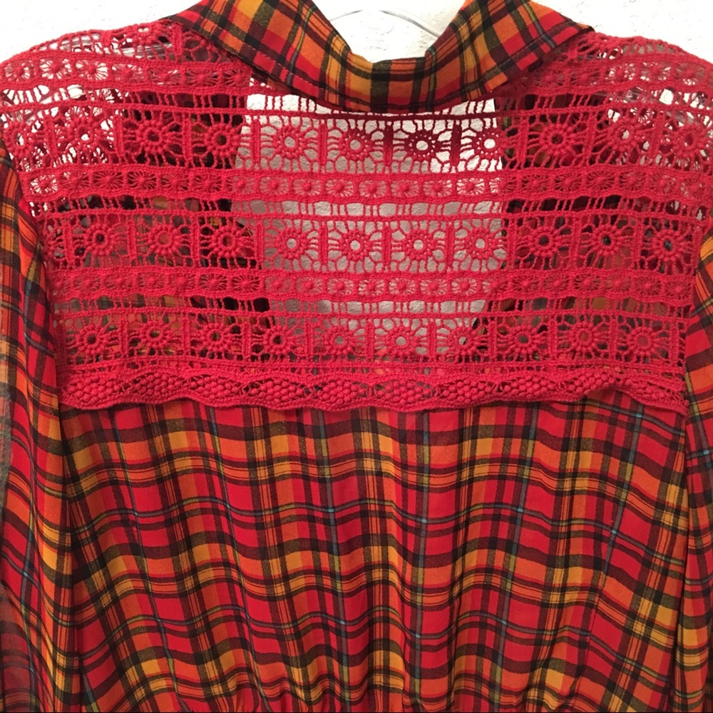 Excuse Me Miss Plaid Red Orange Lace Sheer Blouse